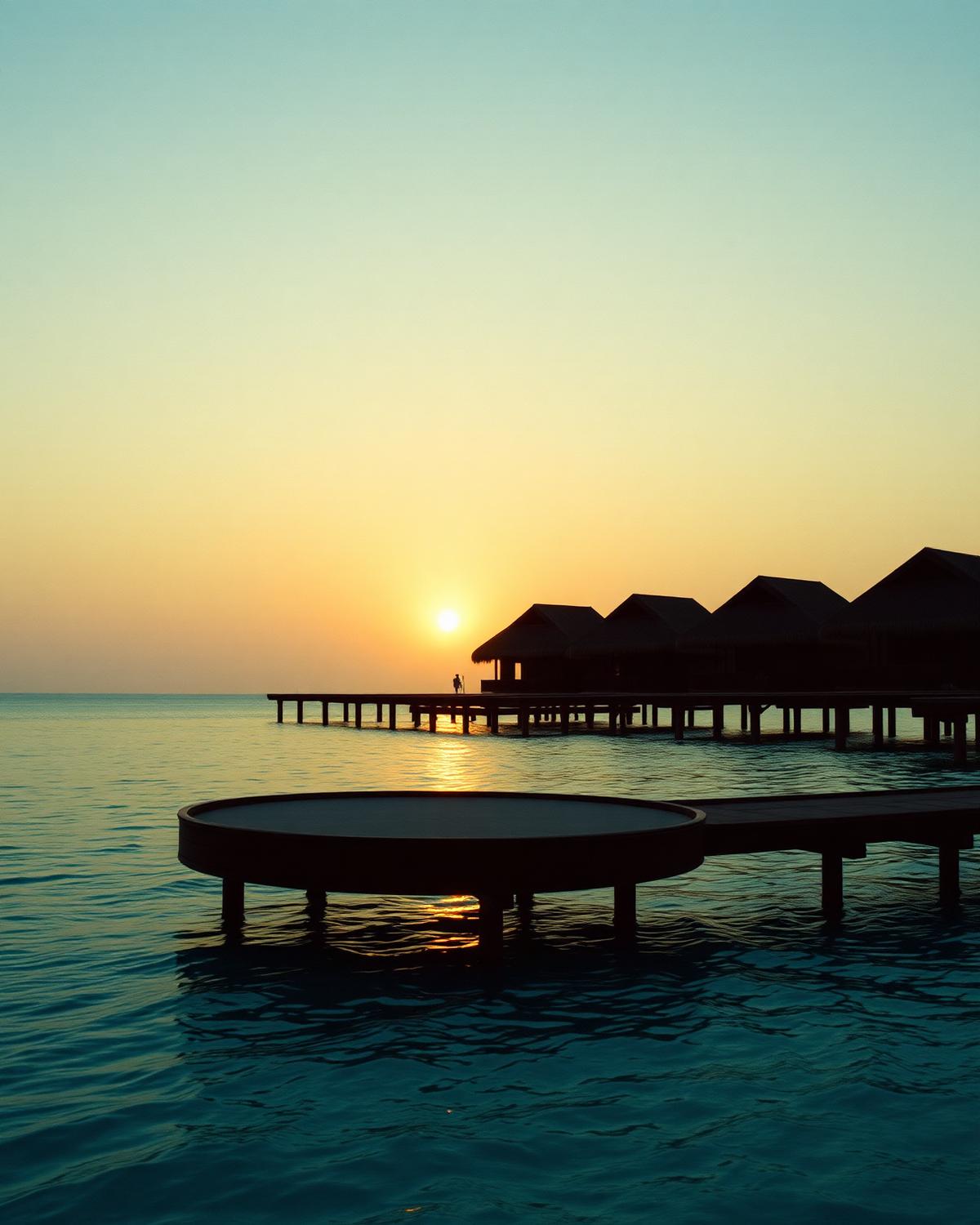 Vile na vodi na Maldivima u izlasku sunca